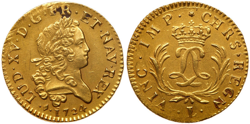 France. Louis d'or Mirliton, grandes palmes, 1724-L (Bayonne). Fr-459; Gad-339; ...