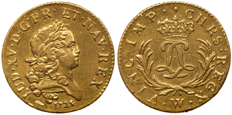 France. Louis d'or Mirliton, grandes palmes, 1725-W (Lille). Fr-459; Gad-339 unl...