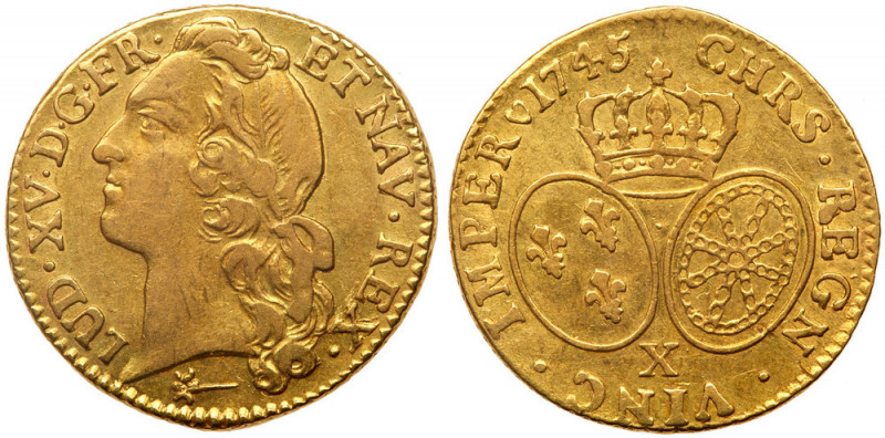 France. Louis d'or au bandeau, 1745-X (Amiens). Fr-464; KM-513.23; Gad-341. Loui...