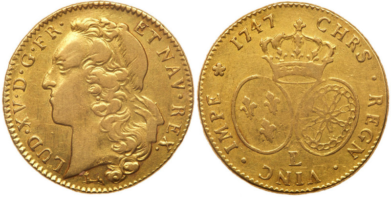 France. Double Louis d'or au bandeau, 1747-L (Bayonne). Fr-464; KM-519.10; Gad-3...