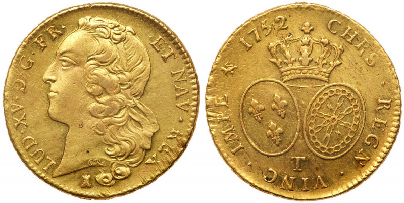 France. Double Louis d'or au bandeau, 1752-T (Nantes). Fr-464; KM-519.16; Gad-34...