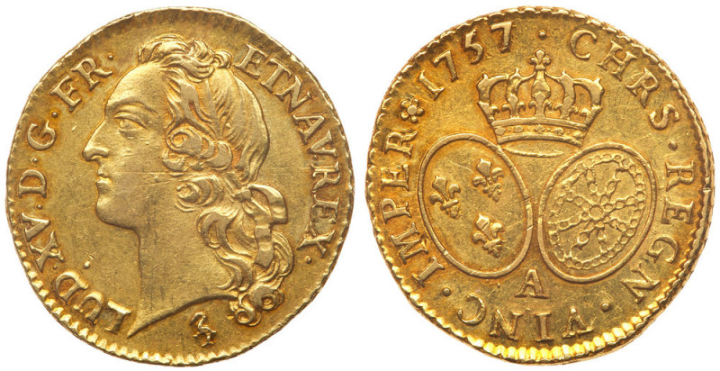 France. Louis d'or au bandeau, 1757-A (Paris). Fr-464; KM-513.1; Gad-341. Louis ...