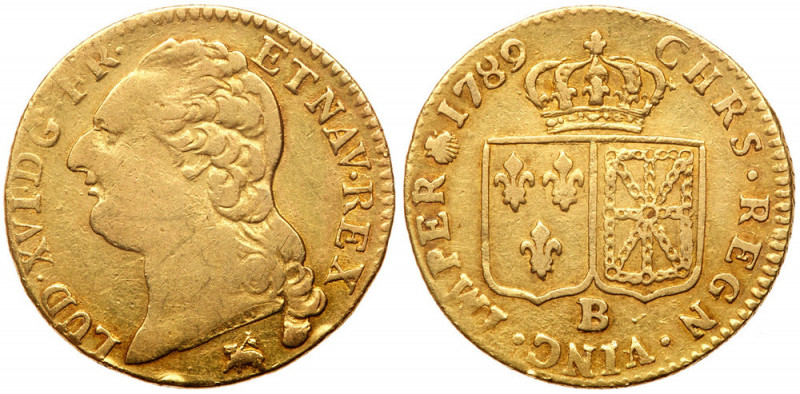 France. Louis d'or au buste nu, 1789-B (Rouen). Fr-475; Gad-361; KM-591.3. Louis...