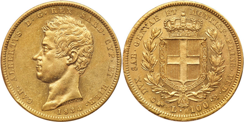 Italian States: Sardinia. 100 Lire, 1834-P. Fr-1138; KM-133.1. Mint mark, eagle'...