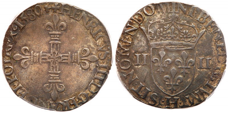 France. &frac14; Ecu, 1580-H (La Rochelle). Dup-1133; Ciani-1438. Henri III, 157...