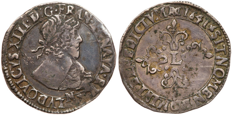 France. &frac12; Franc, 1641-N (Montpellier). KM-118.2; Gad-41. Louis XIII, 1610...