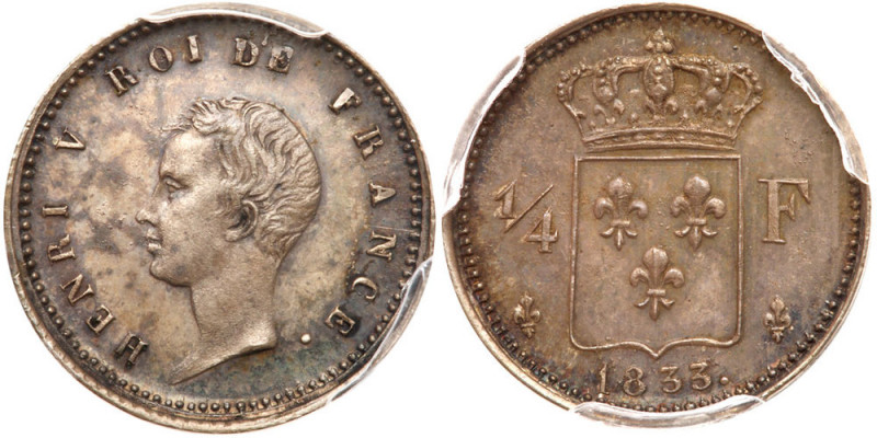 France. Pattern &frac14; Franc, 1833. Gad-354; Maz-919; Bruce-X#22. Silver. Plai...