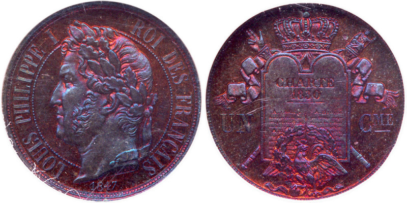 France. Essai 1 Centime, 1847. Gad-81; Maz-1103. Bronze. Louis Philippe I. For t...