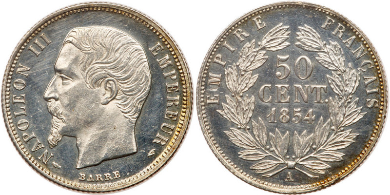 France. Specimen 50 Centimes, 1854-A. KM-794.1; Gad-414. Napoleon III. Bare head...