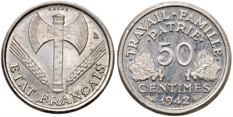 France. Essai Piedfort 50 Centimes, 1942. Maz-2668a (R3); as KM-914.1. Aluminum....