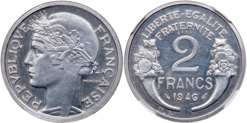 France. Essai Piedfort 2 Francs, 1946. KM-PE315 (KM-886a); Maz-2749a (R2). Alumi...