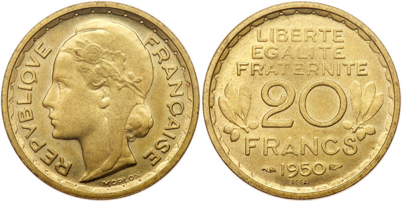 France. Essai 20 Francs, 1950. Gad-861; Maz-2763. Bronze-aluminum. Morlon. Choic...