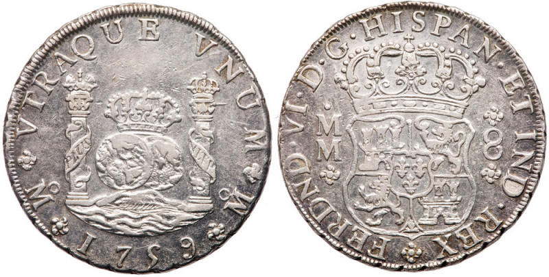 Mexico. 8 Reales, 1759-Mo MM. Eliz-47; KM-104.2; Calico-495. Ferdinand VI. Pilla...