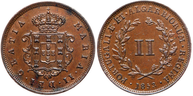 Mozambique. 2 Reis, 1853. KM-25. Maria II. Glossy brown luster. PCGS graded MS-6...