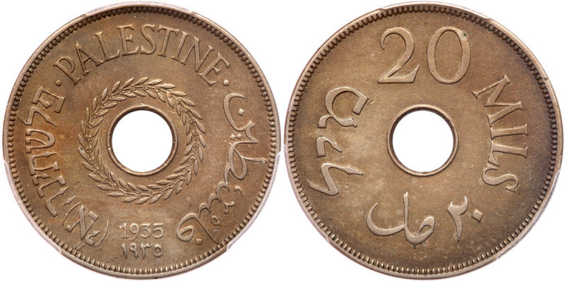 Palestine. 20 Mils, 1935. KM-5. Lightly toned and should be given a AU-50 grade....