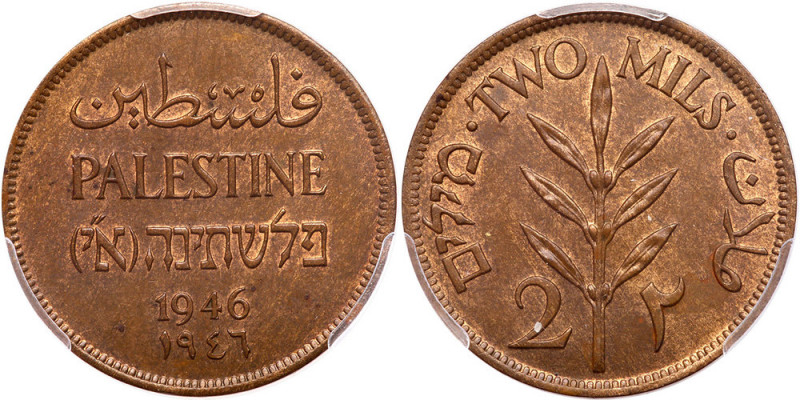 Palestine. 2 Mils, 1946. KM-2. Pop 10 in brown at PCGS. Some red visible. PCGS g...