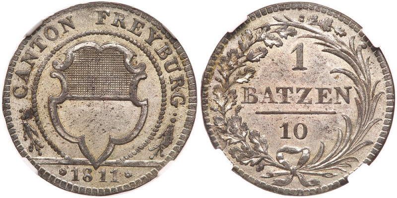 Switzerland: Freiburg. Batzen, 1811. KM-75. Billon. Shield. Reverse; Value. NGC ...