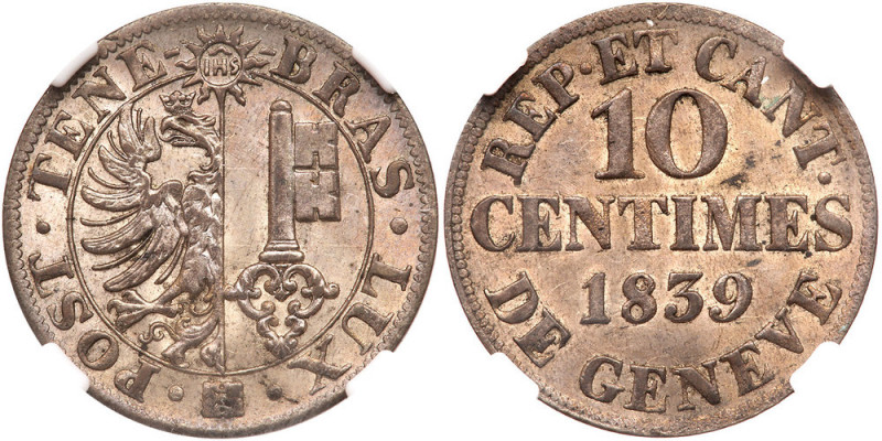 Switzerland: Geneva. 10 Centimes, 1839. KM-128. Billon. City arms. Reverse; Valu...