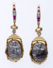 Beautiful 14K Yellow Gold, Diamond and Ruby Earrings with Matched Pair of Ancient Silver Siglos, Ca. 450-375 BC. in Extr