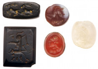 Sasanian Period 5-Piece Lot of Intaglio Seals,5th to 8th Century A.D: Three Piece Set w/ Human Portraits and Two Animal