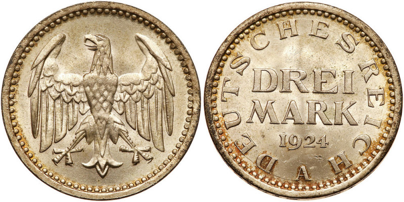 Germany. 3 Mark, 1924-A. KM-43. Eagle. Brilliant Uncirculated. Estimated Value $...