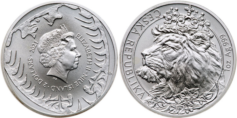 Niue. A Pair of 2021 Czech Republic Lion 1 Oz and 2 Oz Silver Coins. Consist of ...