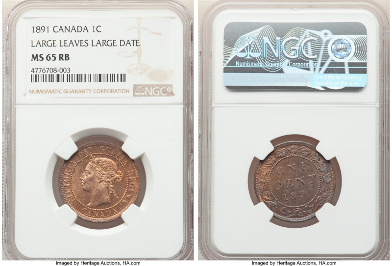 Victoria "Large Leaves - Large Date" Cent 1891 MS65 Red and Brown NGC, London mi...