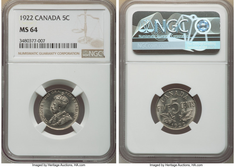 George V 5 Cents 1922 MS64 NGC, Ottawa mint, KM29. Near gem quality with a gener...