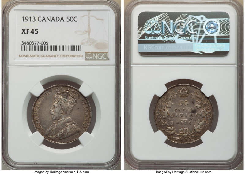 George V 50 Cents 1913 XF45 NGC, Ottawa mint, KM25. Semi-key date. Pewter gray t...