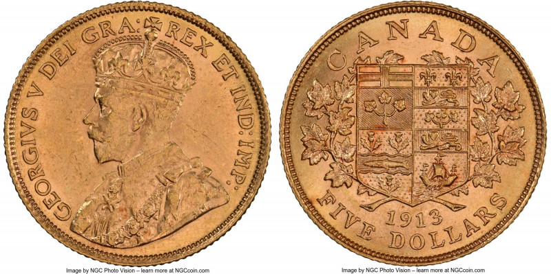 George V gold 5 Dollars 1913 MS62 NGC, Ottawa mint, KM26. AGW 0.2419 oz. 

HID09...