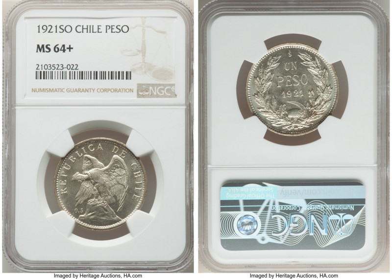 Republic Peso 1921 MS64+ NGC, Santiago mint, KM152.5. Semi-Prooflike fields and ...