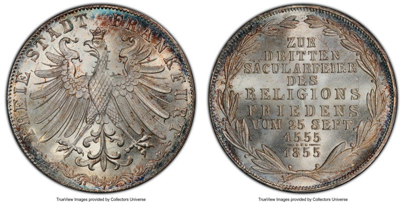 Frankfurt. Free City 2 Gulden 1855 MS66+ PCGS, KM353. 300 years of Religious Pea...