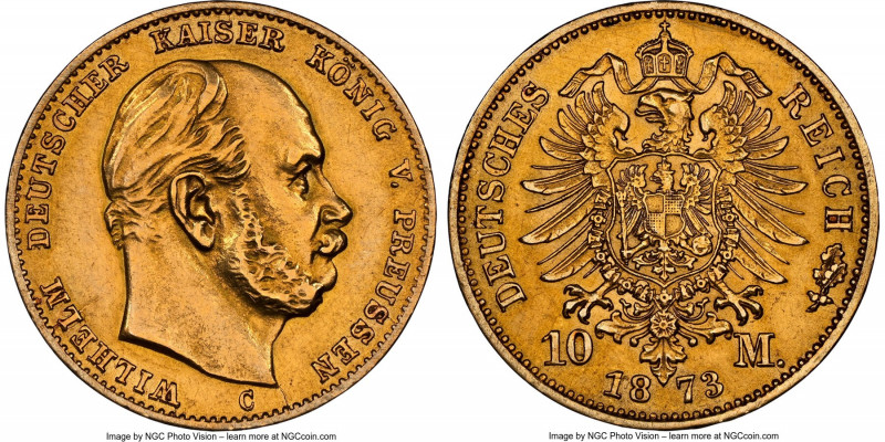 Prussia. Wilhelm I gold 10 Mark 1873-C AU Details (Cleaned) NGC, Frankfurt mint,...