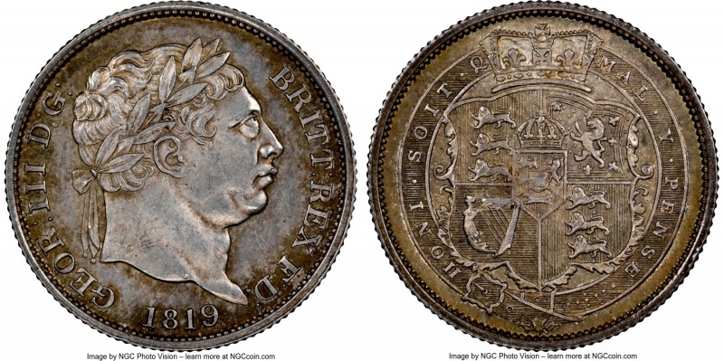 George III Shilling 1819 MS63 NGC, KM666, S-3790. Dove-gray toned with orange an...