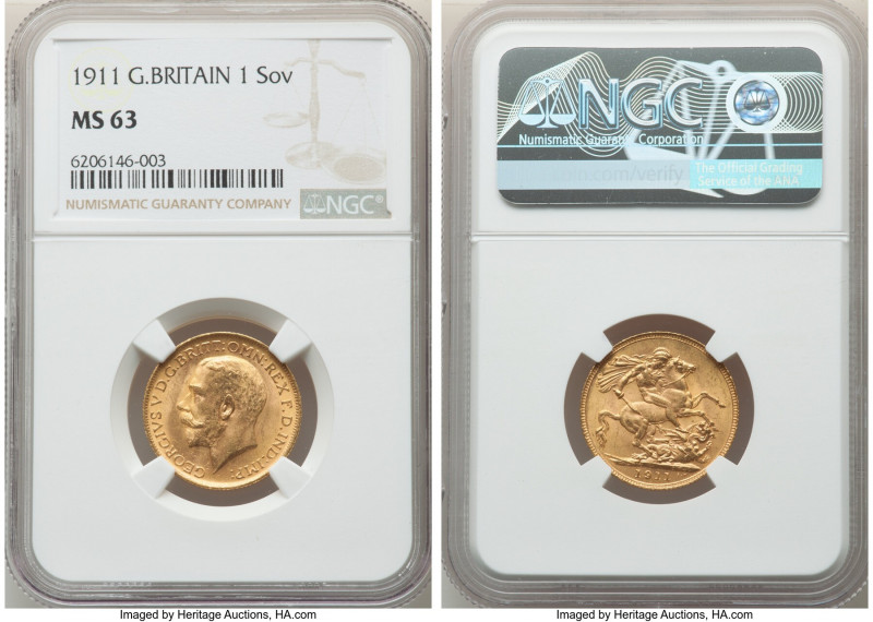 George V gold Sovereign 1911 MS63 NGC, KM820,S-3996. First year of type. AGW 0.2...