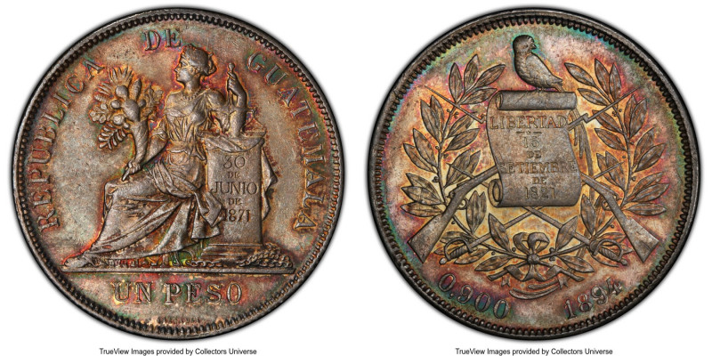 Republic Peso 1894 MS63 PCGS, KM210. Beautifully toned in shades of arsenic, red...