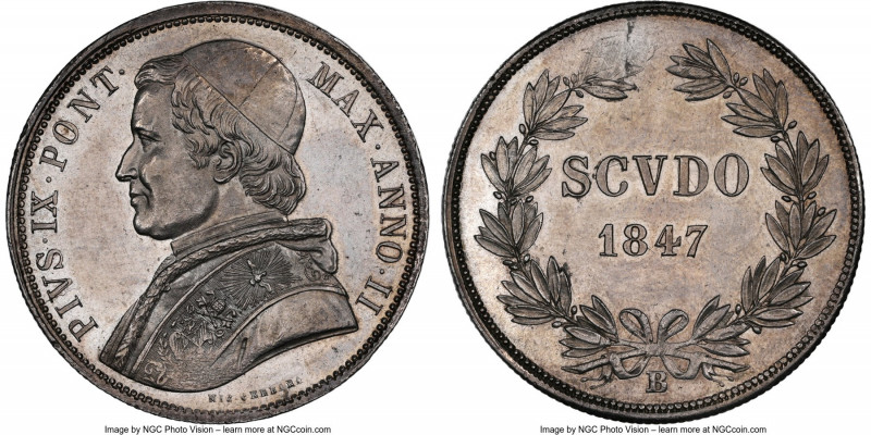 Papal States. Pius IX Scudo Anno II (1847)-B MS62 NGC, Bologna mint, KM1336.1. A...