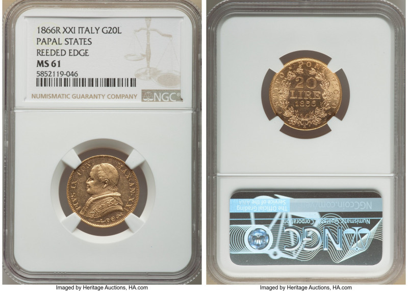 Papal States. Pius IX gold 20 Lire Anno XXI (1866)-R MS61 NGC, Rome mint, KM1382...