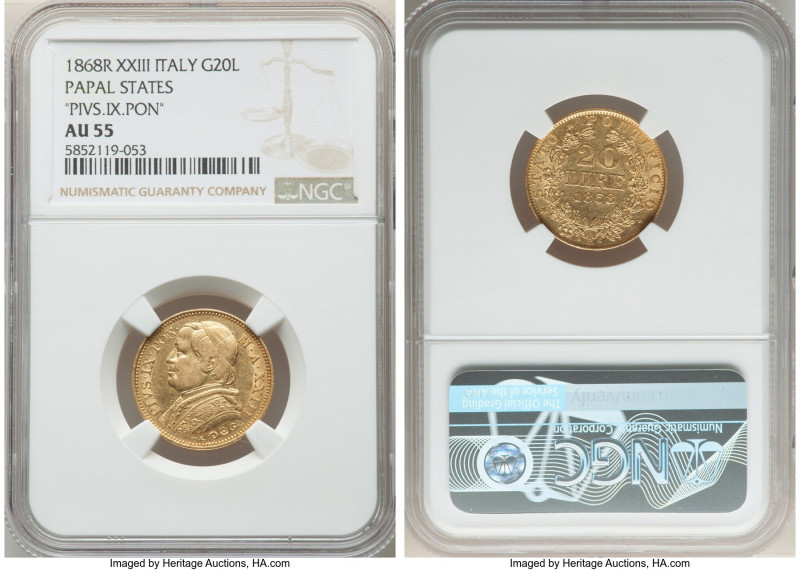 Papal States. Pius IX gold 20 Lire Anno XXIII (1868)-R AU55 NGC, Rome mint, KM13...