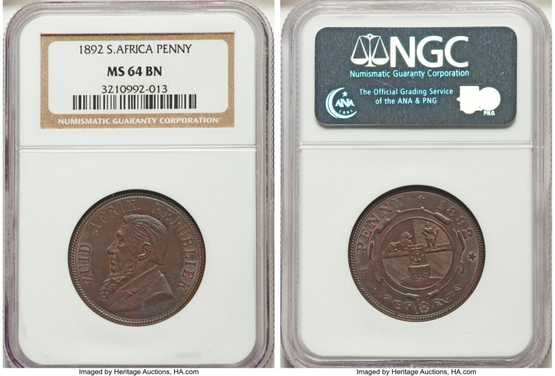 Republic Penny 1892 MS64 Brown NGC, Berlin mint, KM2. Amazing neon-blue and gold...