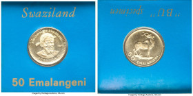 Sobhuza II gold "75th Anniversary Birth of King" 50 Emalangeni 1975 UNC, KM26. Mintage: 3,262. Prooflike Uncirculated. AGW 0.1247 oz. 

HID09801242017...