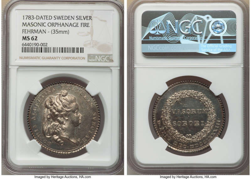 Gustaf III silver "Masonic Orphanage Fire" Medal 1783-Dated MS62 NGC, By CG Fehr...