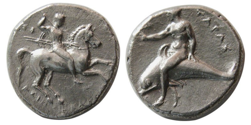 CALABRIA, Tarentum. Circa 281-272 BC. Silver Didrachm (7.70 gm; 20 mm). Nude war...