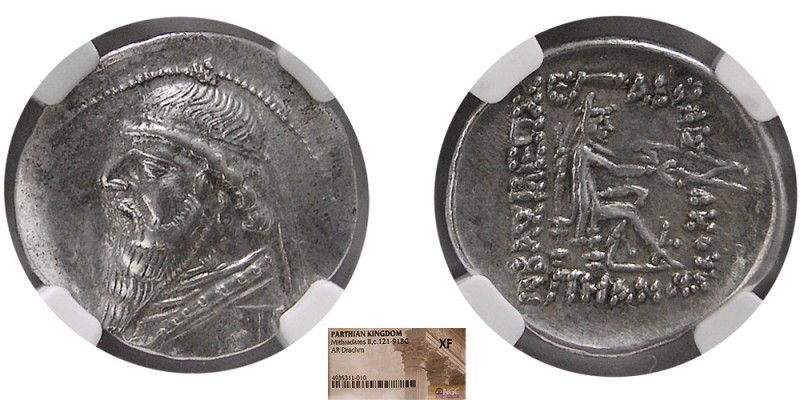 KINGS of PARTHIA. Mithradates II. 121-91 BC. AR Drachm. NGC-XF. Diademed bust le...