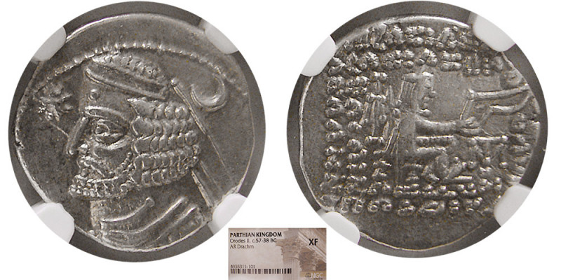 KINGS of PARTHIA. Orodes II. 57-38 BC. AR Drachm. NGC-XF. MTO (Mithradatkart) mi...