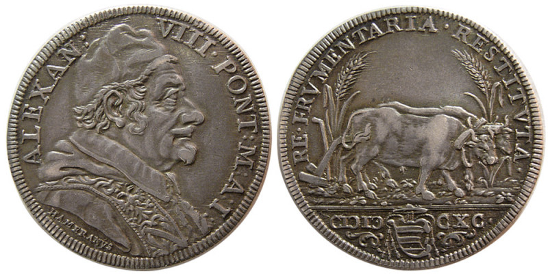 ITALY, Papal States. Alexander VIII, 1689-1691. AR Testone (9.13 gm; 32 mm). Rom...