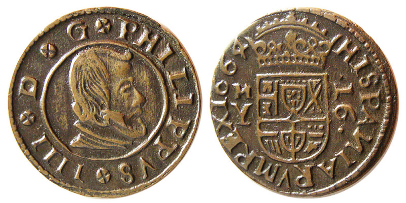 SPAIN, Philip IV. 1621-1665. Æ 16 Maravedis (4.42 gm; 26 mm). dated 1664. KM 172...