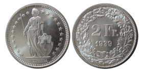 SWITZERLAND, Helvetica. 1939. Silver 2 Francs.