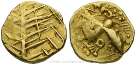 MORINS (Région littorale de la Manche et de la Mer du Nord), IIème siècle av. J.-C., Statère classe II à la lyre., (Or - 7,83 g - 18,7 mm - 5h)
A/ Ré...