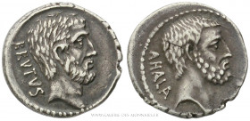 JUNIA - Q. Caepio Brutus (54 av. J.-C.), Denier, (Argent - 4,11 g - 18,4 mm - 3h)
A/ BRVTVS. Tête nue de L. Junius Brutus l'Ancien à droite.
R/ AHAL...